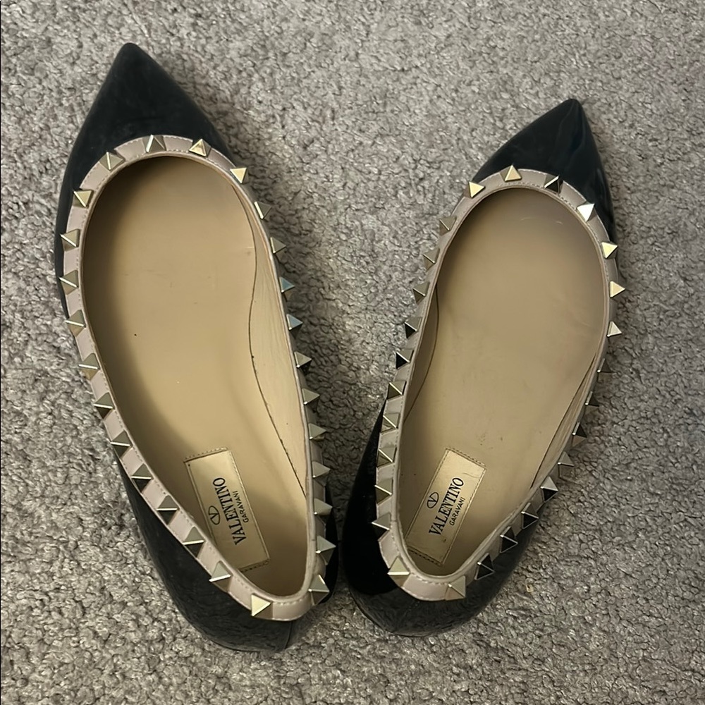 Valentino Black Flats with Pointed Toe and Metallic Studs